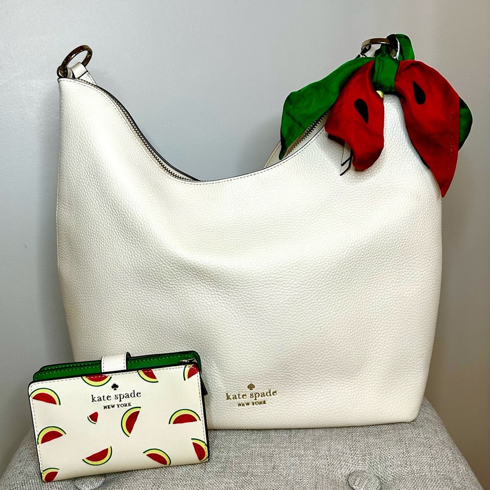 kate spade white hobo bag with green and red accents